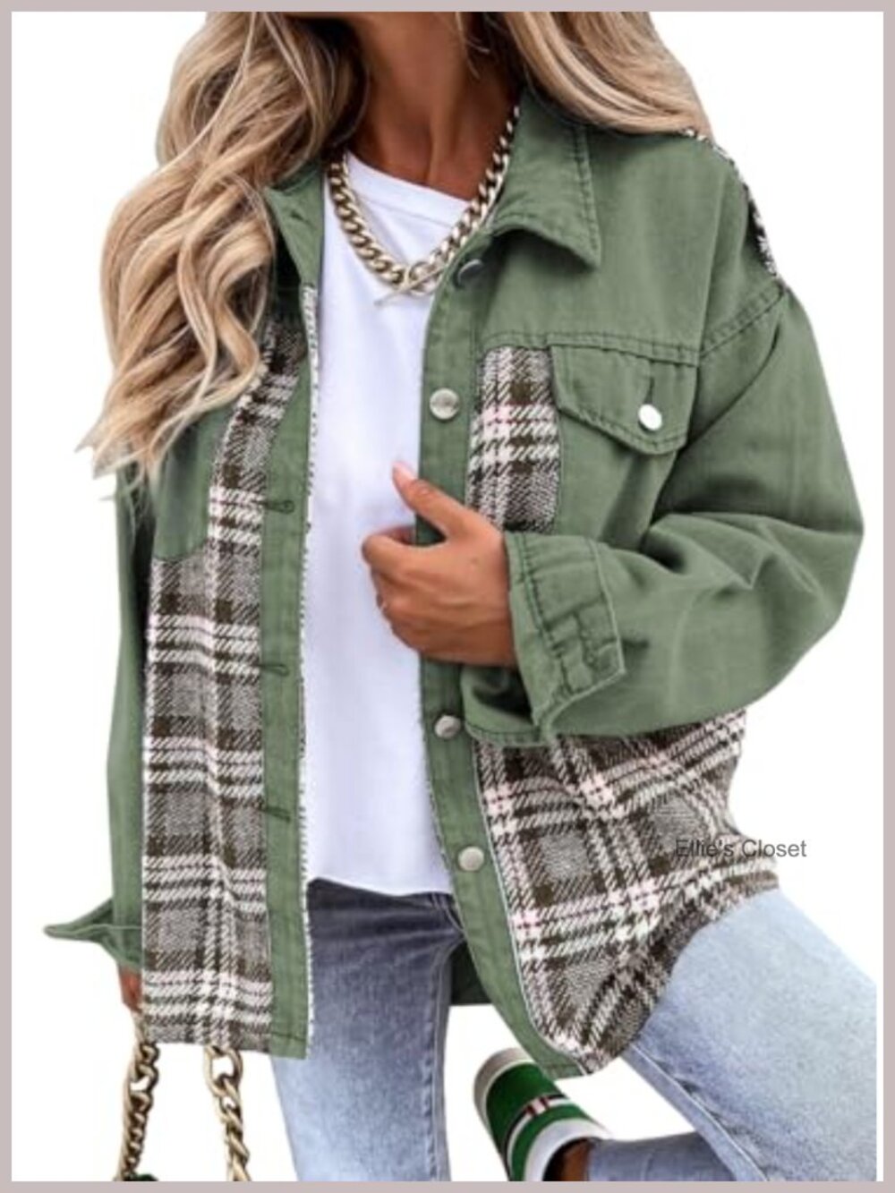 Oversized Plaid Denim Jacket Women Long Sleeve Button Down Boyfriend Jean